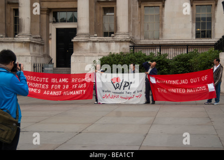 Protest auf dem Trafalgar Square an der iranische Präsident Ahmadinejad Teilnahme an der Tagung der Vereinten Nationen, September 2009 Stockfoto