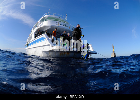 Taucher, die einen großen Schritt zu tun, von einem Tauchboot, Ägypten Stockfoto