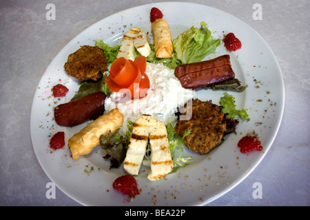 Nahaufnahme einer Platte heiß griechische Mezze Platte in einem modernen griechischen Restaurant in Hove, East Sussex, UK. Stockfoto