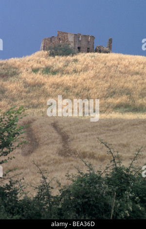 Verlassenes Haus am Hügel in Weizen Feld, Toskana, Italien Stockfoto