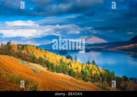 Derwent Wasser Blick über See in Richtung Skiddaw & Blencathra Lake District National Park Cumbria England im Herbst Stockfoto