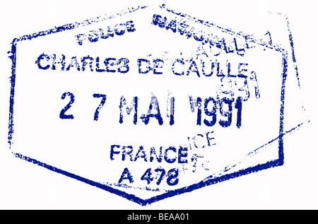 Flughafen Paris-Charles de Gaulle (CDG) Reisepass Stempel, Frankreich Paris 1991. Stockfoto