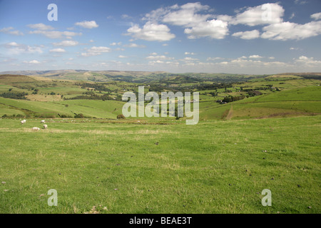 East Cheshire ländliche Ansicht von in der Nähe von sung-Hügel auf der Gritstone Spur, Blick nach Osten in Richtung Kettleshulme und Whaley Bridge. Stockfoto