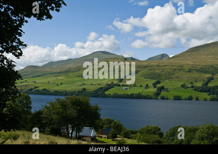 dh LOCH TAY PERTHSHIRE Ben Lawers Bergkette und lochside Bäume Hochland Bergblick Stockfoto