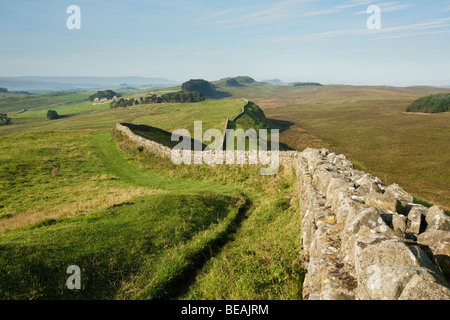 Dawn Blick entlang Hadrianswall blicken nach Housesteads Fort, Uk Stockfoto