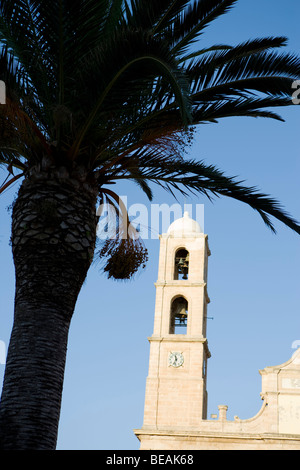 Griechisch-orthodoxe Kathedrale. Kirchturm. Mit Palme. Hania. Kreta. Griechenland. Stockfoto