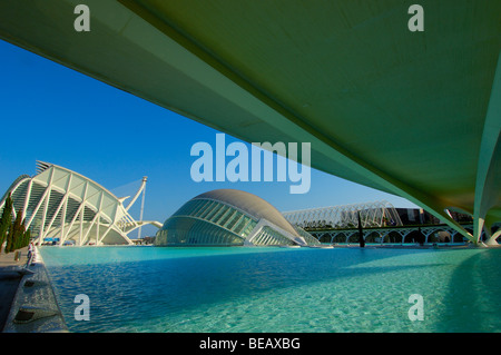 Monteolivete Brücke und L Hemisferic, von S. Calatrava. Stadt der Künste und Wissenschaften. Comunidad Valenciana, Valencia. Spanien Stockfoto