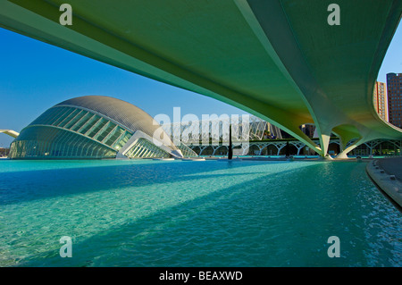 Monteolivete Brücke und L Hemisferic, von S. Calatrava. Stadt der Künste und Wissenschaften. Comunidad Valenciana, Valencia. Spanien Stockfoto