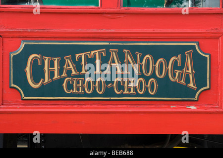 Chattanooga Choo Choo Zeichen auf einen Zug in Chattanooga, Tennessee, USA Stockfoto