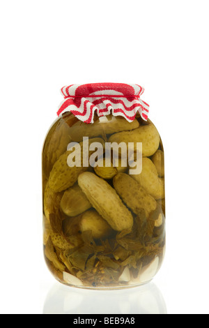 Glas mit hausgemachten eingelegten Gurken vor weißem Hintergrund. Stockfoto