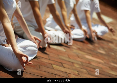 Niedrige Schnittansicht von zwei Männern und zwei Frauen, die Yoga machen Stockfoto