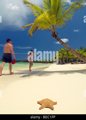 Dominikanische Republik, Punta Cana, Bavaro Beach, Paare, die auf Palmen gesäumten Strand Stockfoto