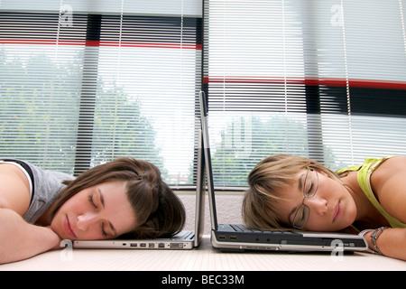 Zwei müde müde erschöpfte Studenten / Arbeitnehmerinnen von Angesicht zu Angesicht schlafen auf ihren Laptop-Tastaturen Stockfoto
