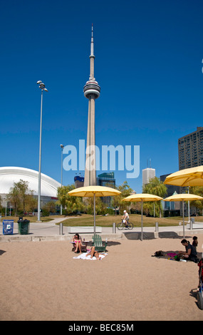 Toronto, Ontario; Kanada, CN Tower; Ontario-See und der Uferpromenade mit Stadtansicht Stockfoto