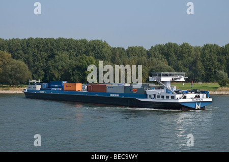 Kahn, Containerschiff Duancis auf dem Rhein bei Bonn bei einem Wendemanöver, North Rhine-Westphalia, Germany, Europe Stockfoto
