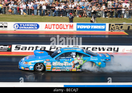 FIA Pro Stock Dragster angetrieben von Tommy Leindahl im FIA European Drag Racing Championship Finale in Santa Pod, England. Stockfoto