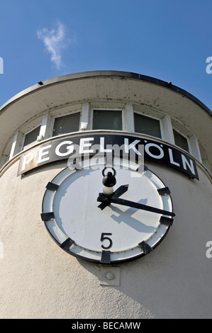 Niedrigwasser, Wasserstandsanzeige am Ufer des Rheins, Köln, Nordrhein-Westfalen, Deutschland, Europa Stockfoto