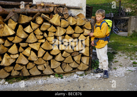 Kleiner Junge 8, beim Wandern, stehen neben einem Holzstapel Stockfoto