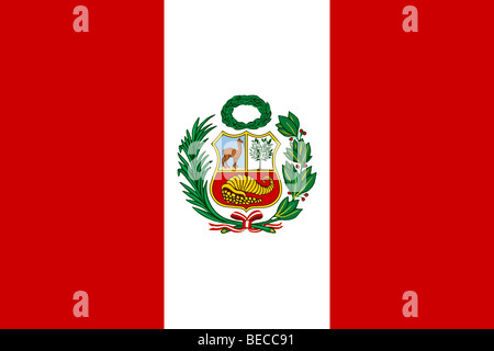 Peruanische Flagge mit Staatswappen Stockfoto