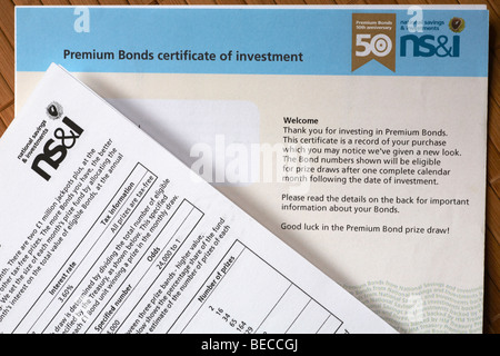 National Savings & Investments Premium Bonds Investitionszertifikat NS&I Stockfoto