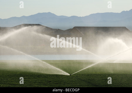 Neu gewonnenem Wasser wird verwendet, um einen Golfplatz in der Sonora-Wüste in Green Valley, Arizona, USA zu bewässern. Stockfoto