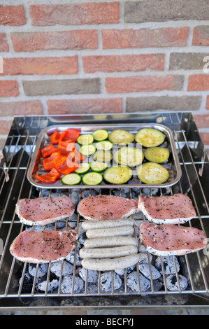 Türkei-Filet, gebraten kleine Würstchen, Stücke von Paprika, Scheiben Auberginen und Zucchini auf einem Holzkohlegrill Stockfoto