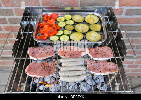 Türkei-Filet, gebraten kleine Würstchen, Stücke von Paprika, Scheiben Auberginen und Zucchini auf einem Holzkohlegrill Stockfoto