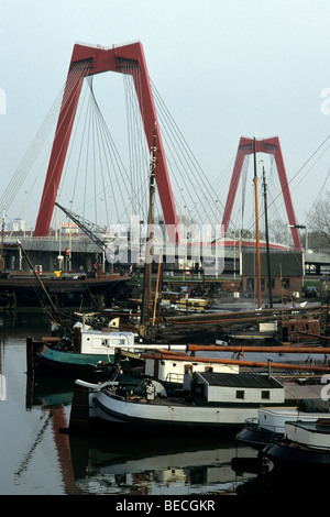 Traditionelle Schiffe in den Hafen Oude, Teil des Museums Rotterdam Hafen, vor dem roten Willemsbrug Brücke, Rotterdam, pr Stockfoto