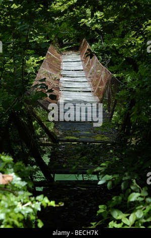 Hängende zerstörten Holzsteg über Fluss Kupa Grenze zwischen Kroatien und Slowenien in Gorski Kotar, Europa Stockfoto