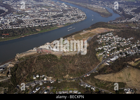 Luftaufnahme, Festung Ehrenbreitstein Festung und Bauplatz für die Bundesrepublik BUGA Gartenbau show 2011, Koblenz, Rhinelan Stockfoto