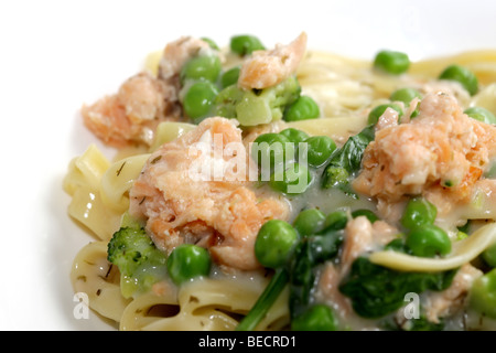 Im italienischen Stil geräucherter Lachs mit Bandnudeln und eine reichhaltige cremige Soße mit Keine Personen Stockfoto