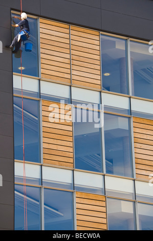 Fenster Reiniger mit industrial Rope Access Techniken Abseilen, Fassade, saubere Fenster der moderne Bürogebäude Cardiff Bay Stockfoto