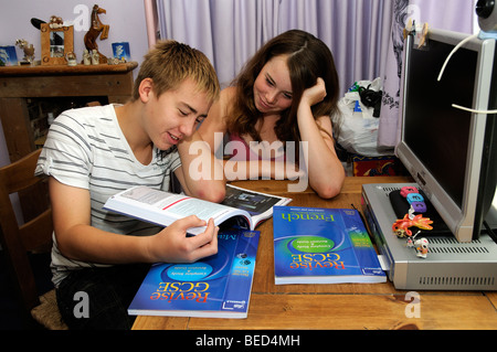 Jugendliche zu überarbeiten für GCSE Prüfungen jungen und Mädchen Studierende zu Hause Stockfoto