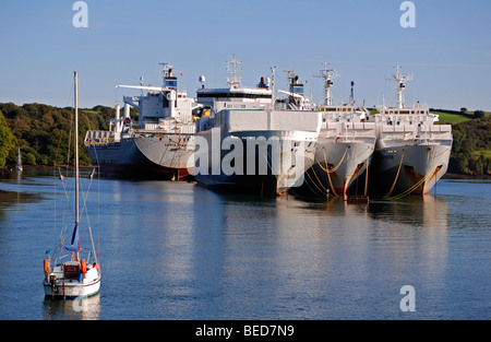 große Frachtschiffe aufgelegt in einer tiefen Bucht auf dem Fluss Fal in der Nähe von Truro in Cornwall, Großbritannien Stockfoto