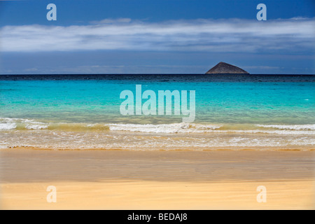 Strand mit kleinen Wellen und eine Insel am Horizont, Punta Cormorant, Floreana Insel, Galapagos-Archipel, Ecuador, Süden bin Stockfoto