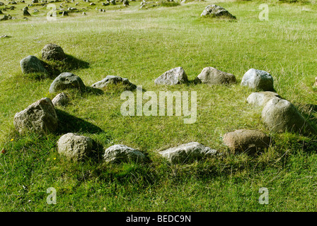 Friedhof aus der Eisenzeit und Viking Alter Lindholm Hoje in der Nähe von Aalborg, Jütland, Dänemark, Europa Stockfoto