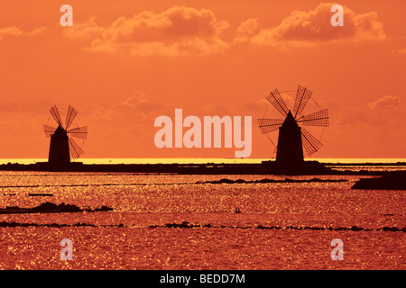 Windmühlen in den Salinen in der Nähe von Insel Mozia, Sizilien, Italien, Südeuropa Stockfoto