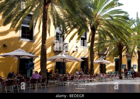 Monopol-Café, Gäste sitzen unter Palmen, Plaza Hurtado de Mendoza entfernt, Las Palmas de Gran Canaria entfernt, Kanarischen Islan Stockfoto