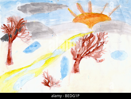 Bäume und die Sonne durch eine Hand für Kinder auf ein Papier gezeichnet Stockfoto