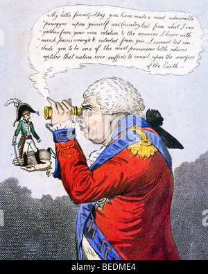 DER König von BROBDINGNAG und GULLIVER - satirische Print von Gillray hat George III Inspektion einen Zwerg Napoleon im Jahre 1803 Stockfoto