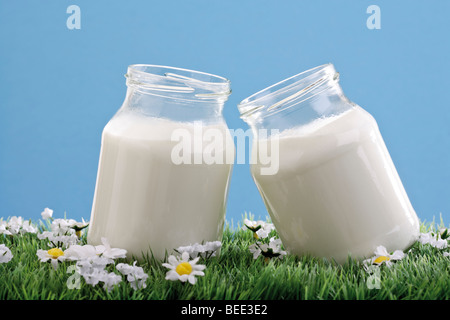 Joghurt im Glas auf eine künstliche Blumenwiese Stockfoto