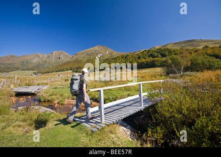 Ein einsamer Wanderer in das Urstromtal der "Fontaine Salée" (Puy de Dôme). Randonneur Dans la Vallée De La Fontaine Salée. Stockfoto