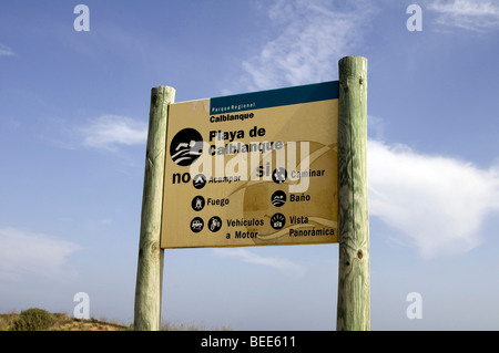 Zeichen Feldpost Parque Regional für Playa de Calblanque, südlich von La Manga & das Mar Menor, Costa Calida, Spanien Stockfoto