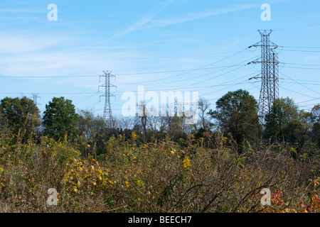 Ein Herbst Schuss der Stadtwerke elektrische Sendemasten. Die Stahlmasten sind in das Land. Stockfoto