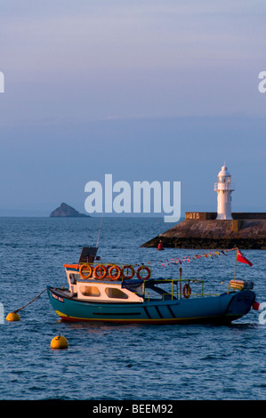 Leuchtturm und Bootsfahrten bei Sonnenuntergang, Brixham, Devon, UK Stockfoto
