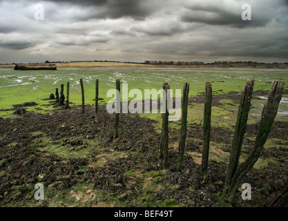 Alte Boot Wrack. Der Schatten, Irrenhäuser unteren Fluss Medway, Kent, England, UK. Stockfoto