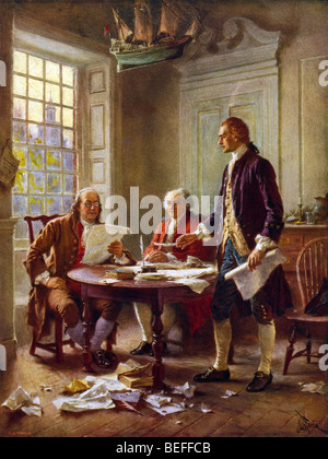 Gemälde von Jean Leon Gerome Ferris zeigt die Gründerväter Entwurf der Unabhängigkeitserklärung im Jahre 1776. Stockfoto
