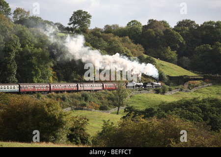 Ein double headed Dampfzug von SDJR 2-8-0 53809 und BR-Standard 2-6-0 76079, am grünen Ende auf der North Yorkshire Moors Railway. Stockfoto