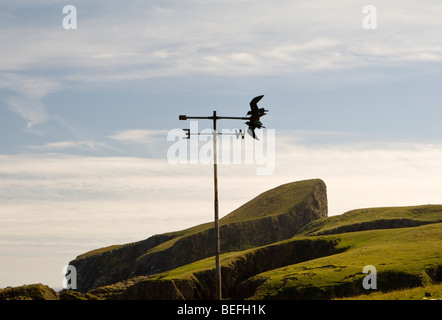 Wetterfahne mit Symbol des Fair Isle Bird Observatory mit Schafen Rock im Hintergrund auf Fair Isle Shetland Stockfoto