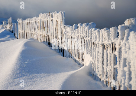 Winterschnee und Raureif auf einem Zaun auf Aonach Mor in Schottland Stockfoto